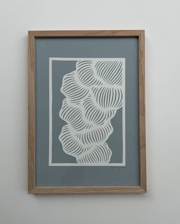 A4, papercut, dueblå, indrammet 