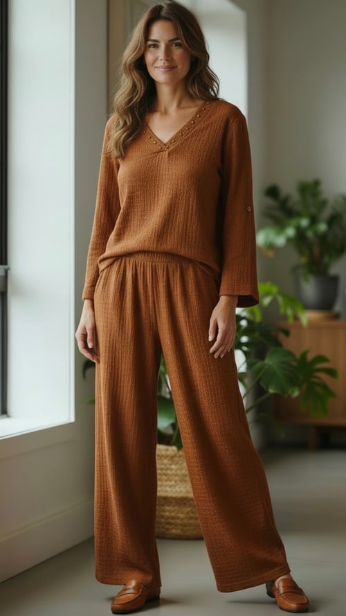 Kvinde iført løstsiddende brun strikbluse og bukser, stående i lyst rum med planter i baggrunden. (1)