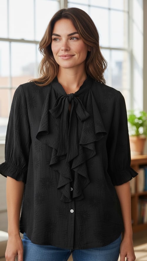Trille viscose shirt, Black w flowers, Onesize 36-44. (1)
