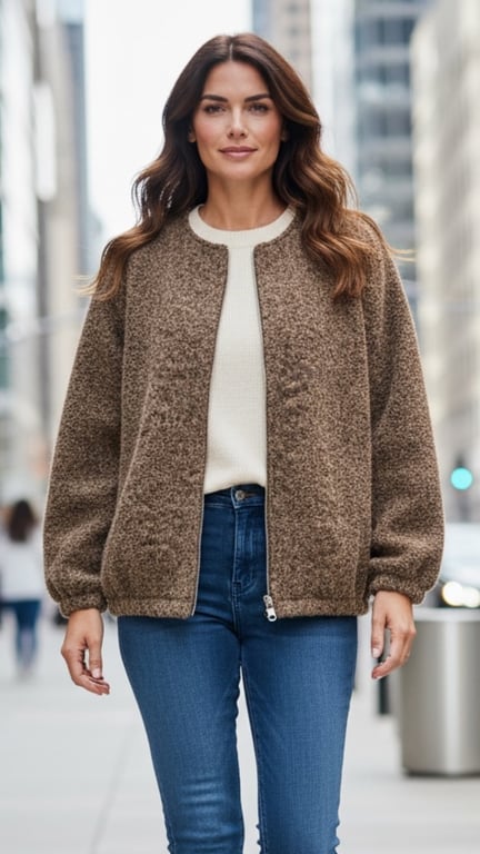 Kvinde med mørkt, bølget hår iført brun, fleecejakke, hvid bluse og blå jeans, gående på en bygade med moderne bygninger i baggrunden.