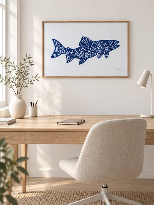 50x70cm, papercut, kongeblå, indrammet 