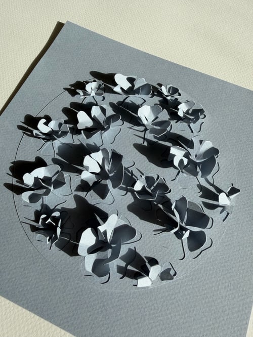20x20cm, 3D papercut, stålblå, indrammet 