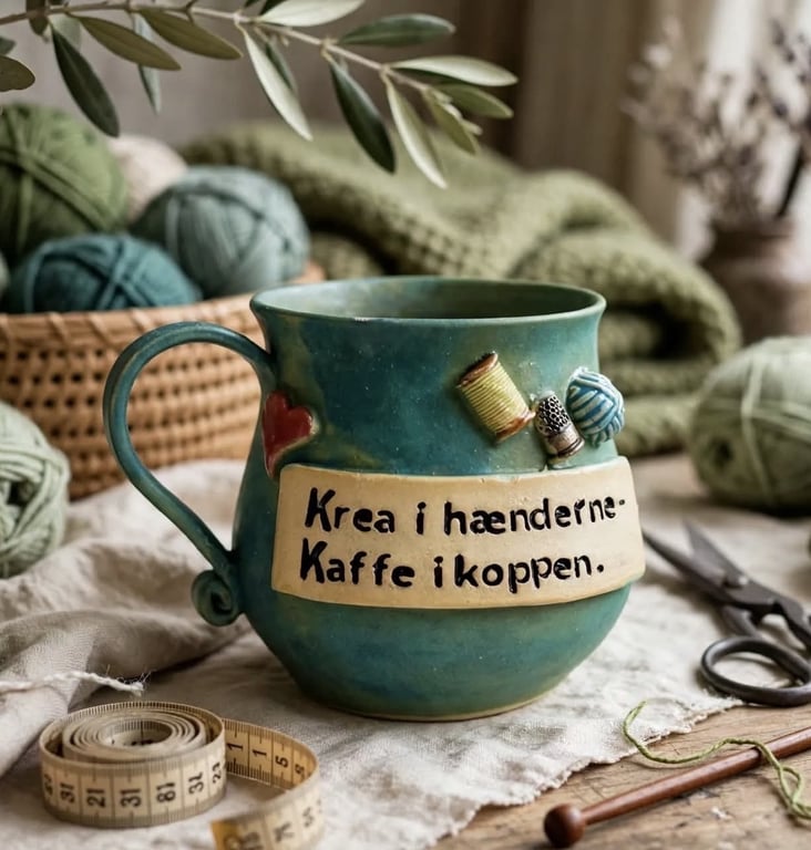 Keramik krus med tekst  - Krea i hænderne og kaffe i koppen