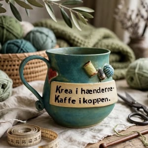Keramik krus med tekst  - Krea i hænderne og kaffe i koppen – produktbillede