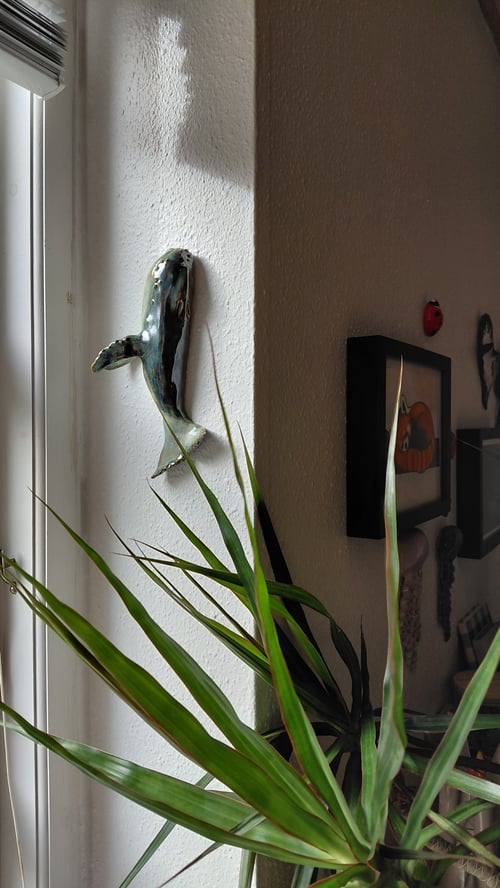 Væg med hvid textured vægdekoration formet som en hval, delvist belyst af naturligt lys fra en rude, med grønne planter i forgrunden og nogle rammer og dekorationer i baggrunden. (2)