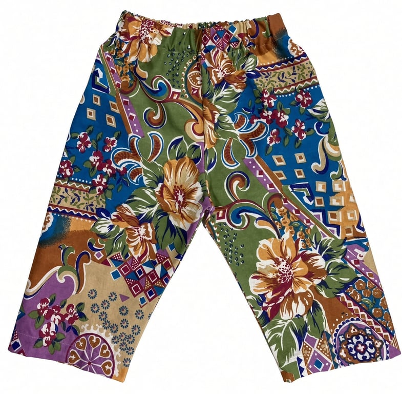 Farverige bukser med elastisk talje, pyntet med mønster af store blomster og geometriske former i grønne, blå, lilla, brune og beige nuancer.