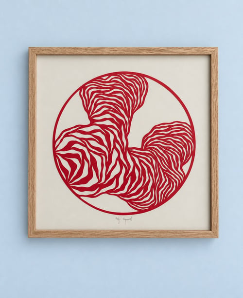 30x30cm, papercut, valmuerød, indrammet 
