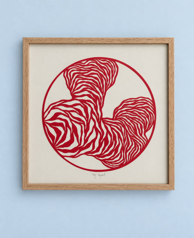 30x30cm, papercut, valmuerød, indrammet 