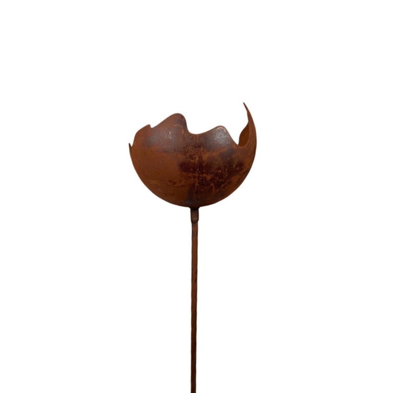 Rustent jernskål formet som et knust æggeskal på en lang metalstang mod en hvid baggrund.