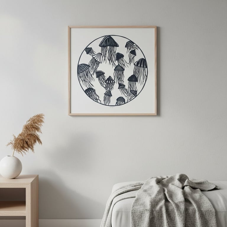 Minimalistisk vægmaleri af sorte vandmænd i en cirkel, hængende over en bænk med gråt tæppe i et lyst, enkelt rum med en vase og tørret plante på et bord. (2)