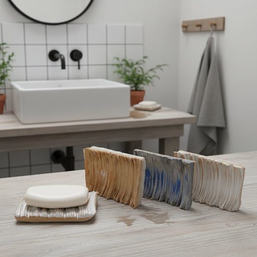 Badeværelse med hvid vask, sorte armaturer, to små planter på bordet, et rundt spejl, gråt håndklæde på en knage, og tre keramiske sæbeholdere med en hvid sæbe på den ene.