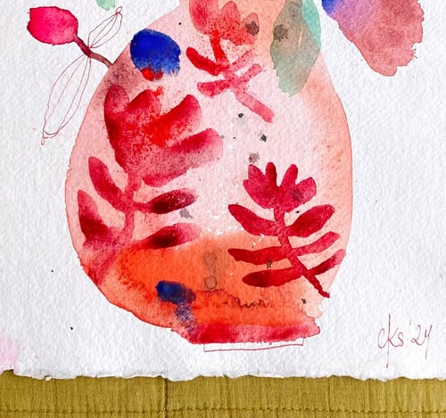 Rød blomstrende vase - original akvarel (2)