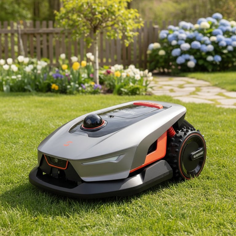 Robotplæneklipper på grønt græs med blomsterbed og hæk i baggrunden.