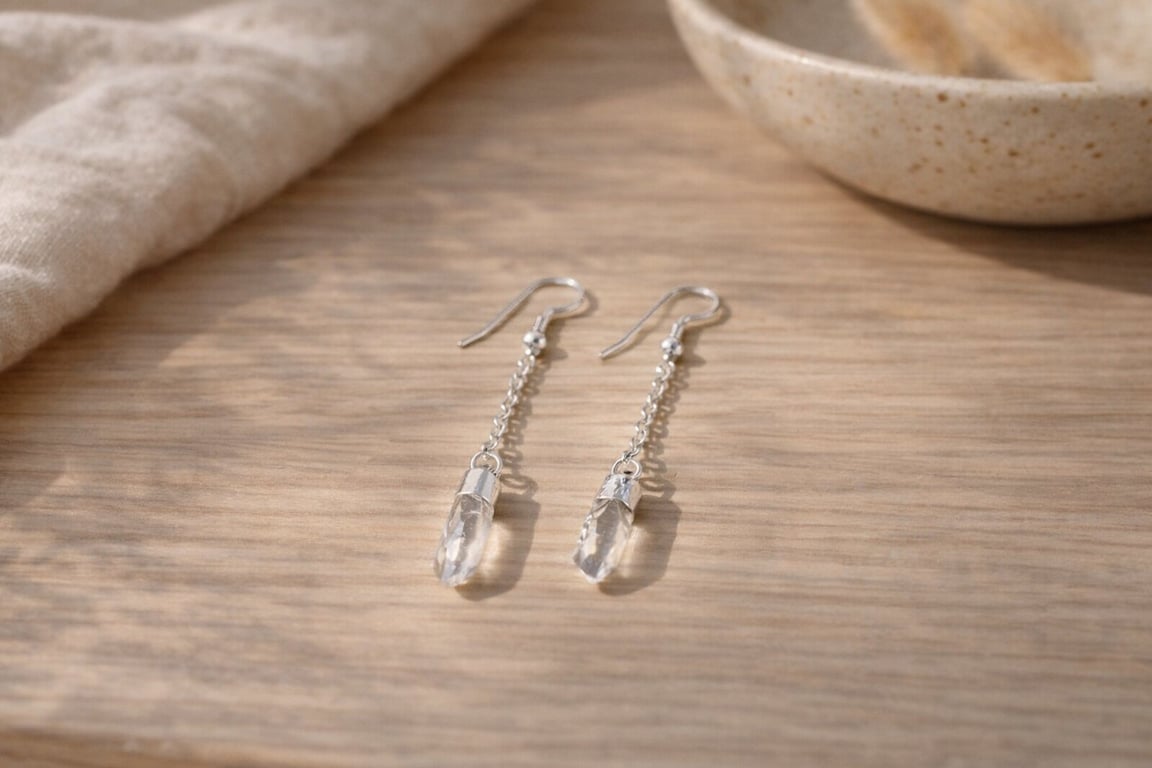 Kvarts Spids Øreringe Kæde i Sølvbelægning