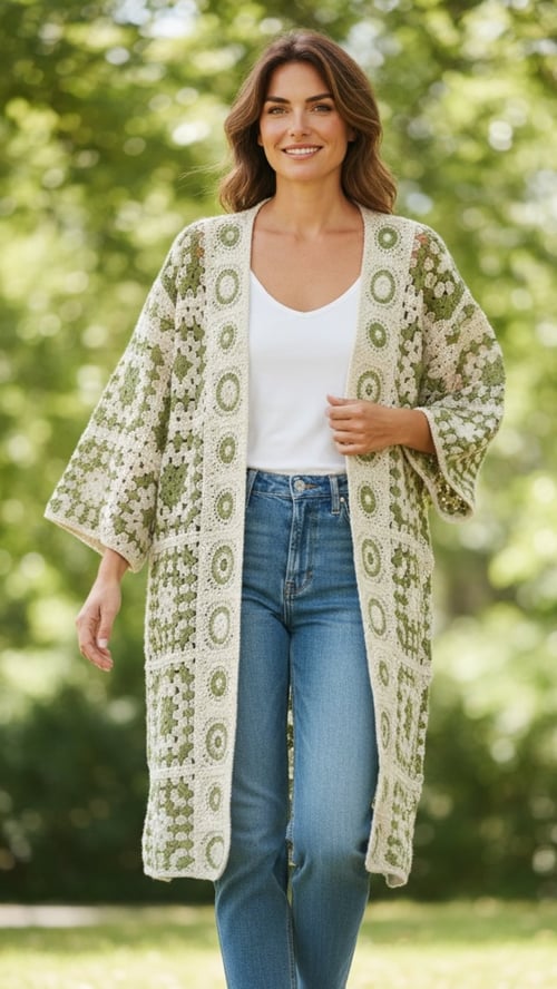 Kvinde iført hvid top, blå jeans og lang, hæklede cardigan med grønne og hvide mønstre, stående udendørs med grøn natur i baggrunden. (1)