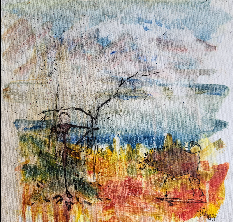 Landskab med figur akryl på lærred 30 x 30 cm