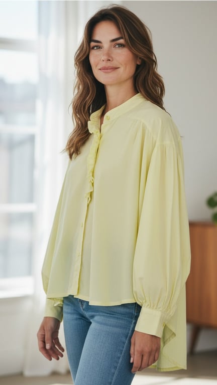 Kvinde med langt brunt hår iført en lysegul, langærmet, løs bluse og blå jeans, stående i et lyst rum med vindue og gardiner i baggrunden.