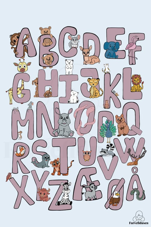 Plakat: ABC Dyr Rosa/Blå