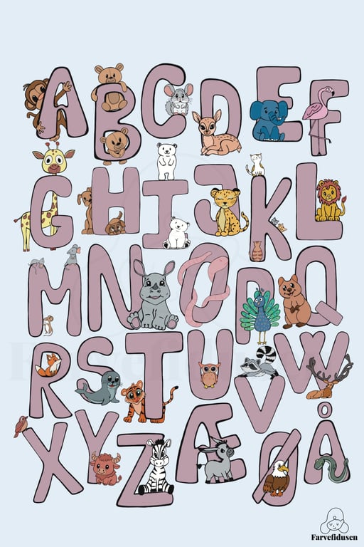 Illustration af det danske alfabet med store bogstaver i lilla, omgivet af forskellige tegneserie-dyr, der sidder eller står ved hvert bogstav på blå baggrund.