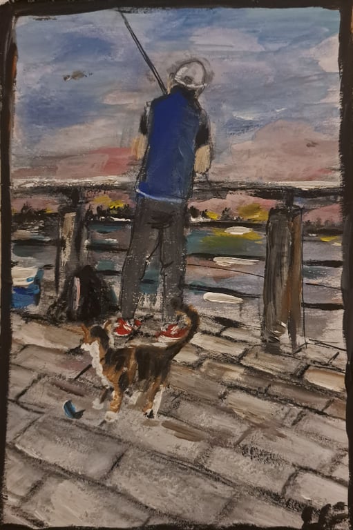 Fisker og kat på asiensiden i Istanbul, 14,8x20, akryl, kridt 