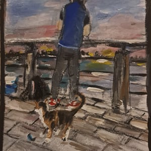 Fisker og kat på asiensiden i Istanbul, 14,8x20, akryl, kridt  – produktbillede