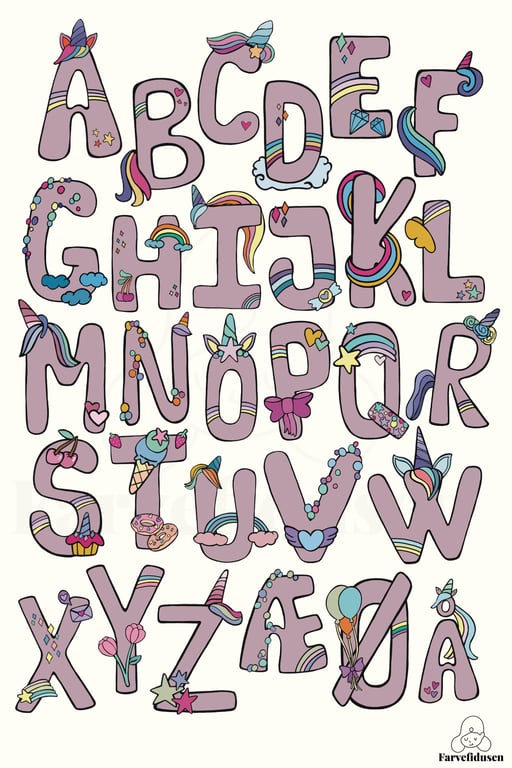 Plakat med Navn: ABC UNICORN  NAVNE-PLAKAT (ROSA Skrift, beige baggrund) billede 3