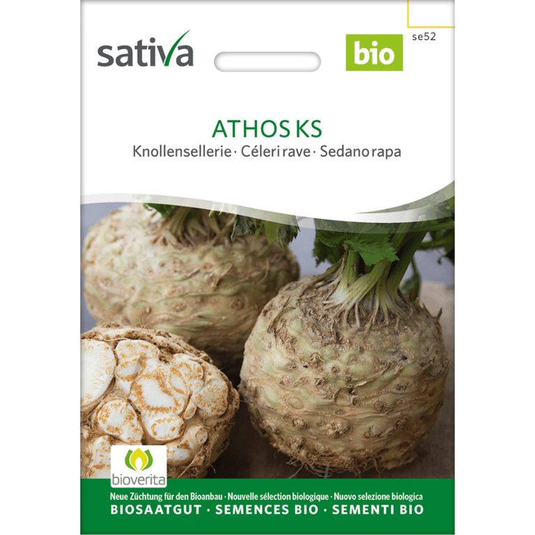 Frøpose til økologisk knoldselleri sorten Athos KS fra Sativa med billede af knoldselleri.