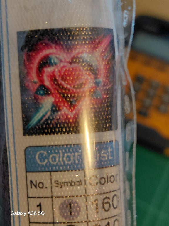 Sticker med et farverigt mønster af et rødt hjerte med blå og hvide detaljer, placeret over en tabel med kolonner mærket "No.", "Symbol" og "Color".