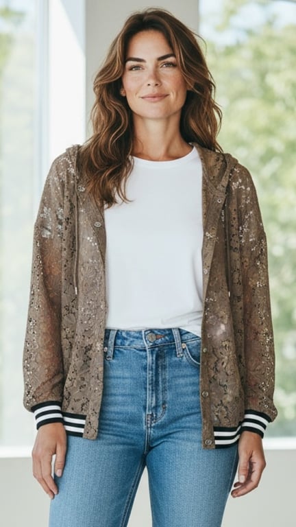 Kvinde med brunt, bølget hår iført hvid t-shirt, gennemsigtig brun jakke med pailletter og blå jeans, står foran et lyst vindue.