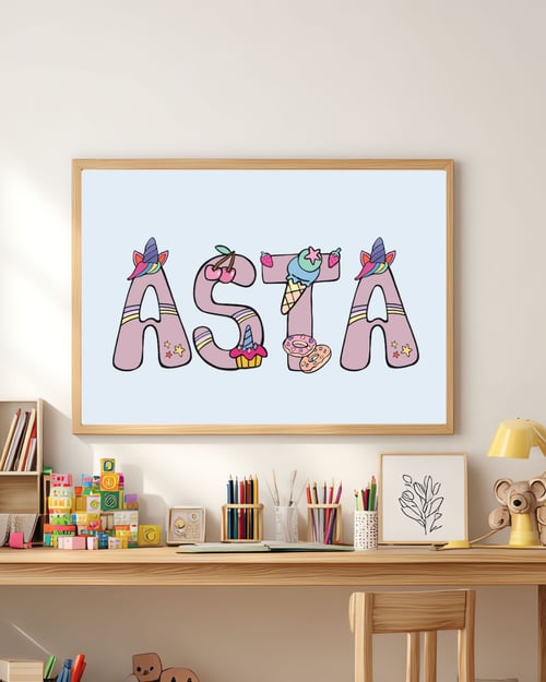 Plakat med Navn: ABC UNICORN  NAVNE-PLAKAT (ROSA Skrift, BLÅ baggrund)