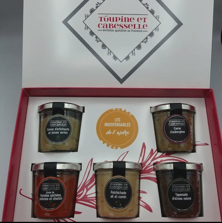 Gaveæske med fem glas gourmetcaviar og tapenade fra mærket Toupine et Cabesselle. (2)