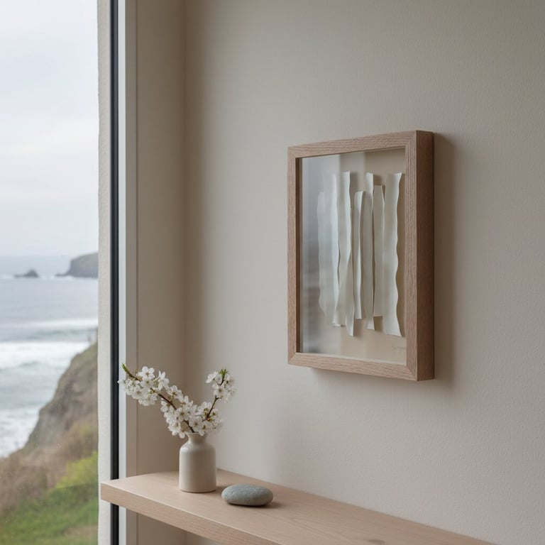 Minimalistisk indretning med en hvid vase med blomster på en træt håndliste ved vindue med udsigt til havet, samt en indrammet abstrakt kunst på væggen.