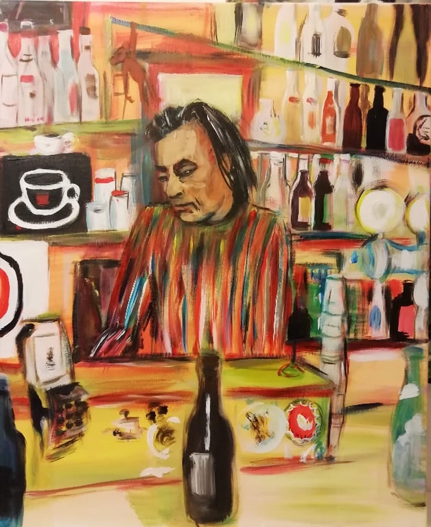 Peter Floss, barejer af Danmarks ældste rockbar midt i pisserenden, akryl 50x60