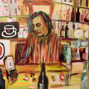 Peter Floss, barejer af Danmarks ældste rockbar midt i pisserenden, akryl 50x60 – produktbillede