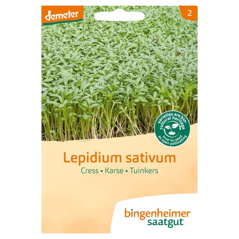 Frøpakke med karse (Lepidium sativum) fra Bingenheimer Saatgut, viser frisk grøn karse.