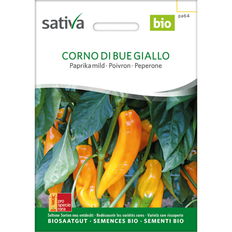 Frøpose fra Sativa med økologiske frø til mild gul paprika af sorten Corno di Bue Giallo, med billede af paprika på planten.
