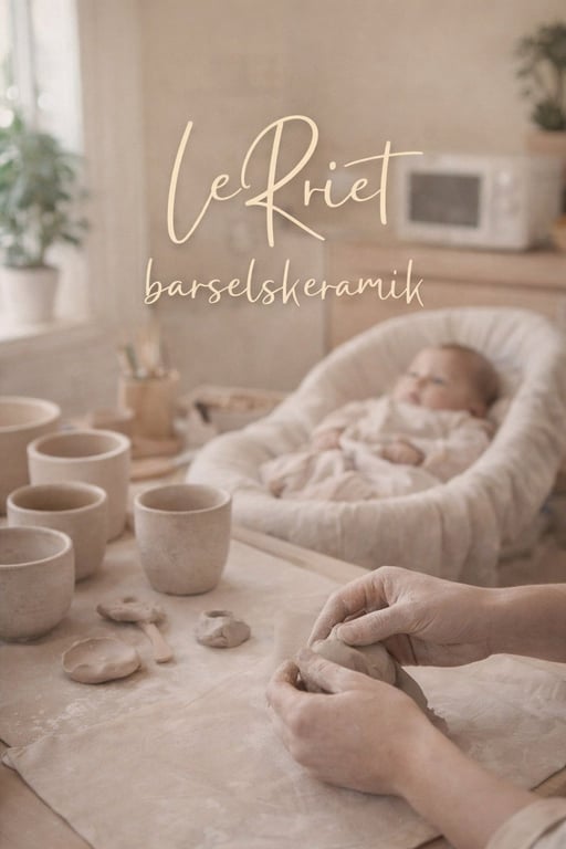 Hænder former ler på et bord med keramiske kopper, i baggrunden ses en baby i en vugge, teksten "LeRiet barselskeramik" vises i billedet.
