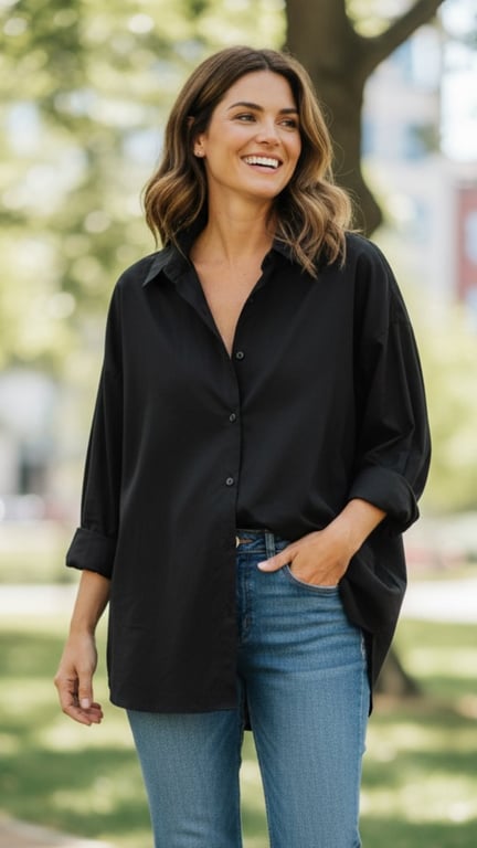 Kvinde smilende i sort oversize skjorte og blå jeans, stående udendørs med grønne træer i baggrunden.