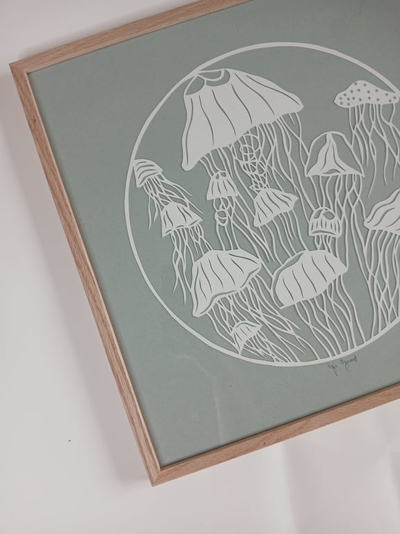 40x40cm,  "hav af gopler", gråblå, indrammet (3)