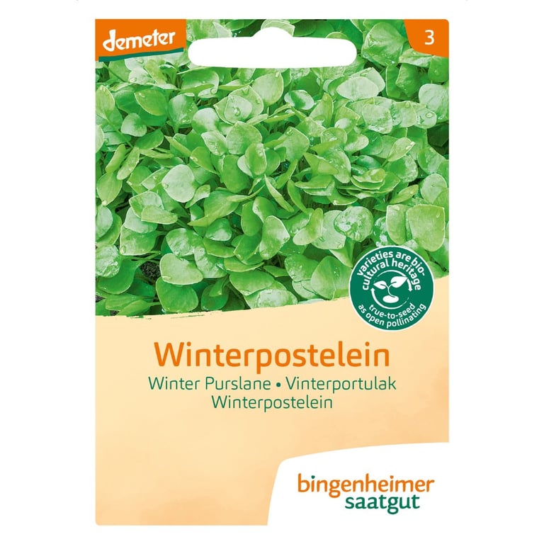 Frøpakke til dyrkning af vinterpostelein (Winter Purslane) med billede af grønne blade, mærket "demeter" og "bingenheimer saatgut".