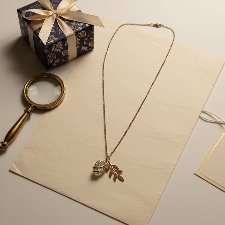 Halskæde med forgyldt blad og flot glas pendant.