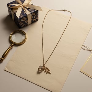 Halskæde med forgyldt blad og flot glas pendant. – produktbillede