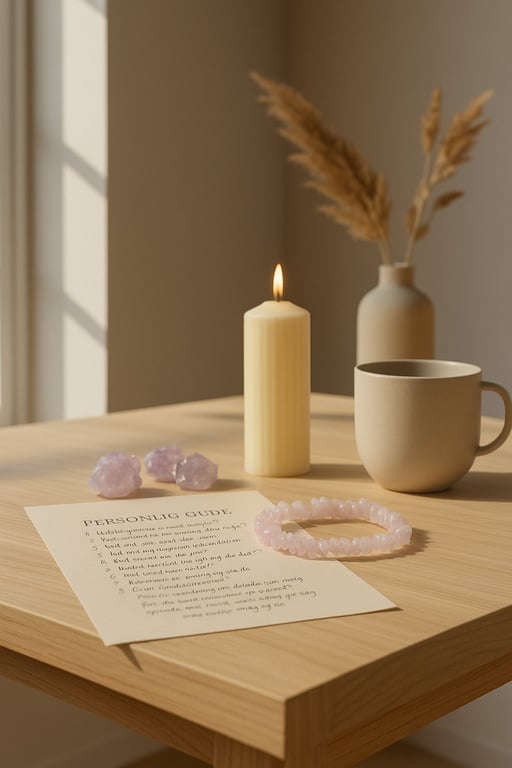 Bord med brændende lys, en kop, en vase med tørret græs, krystaller, en armbånd og et ark papir med teksten "PERSONLIG GUIDE" på dansk.