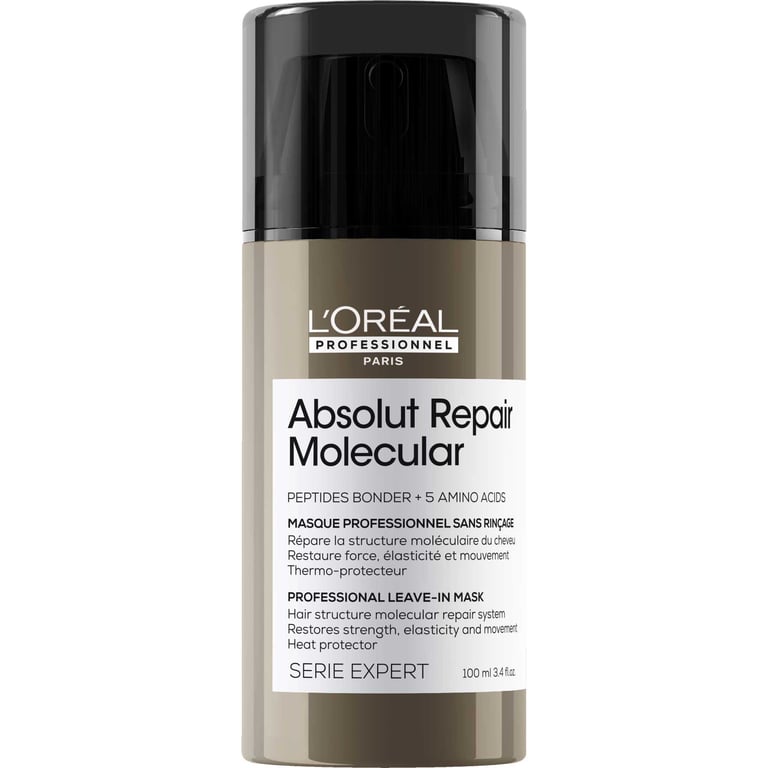 Flaske med L'Oréal Professionnel Paris Absolut Repair Molecular, en professionel leave-in hårmaske til reparation og beskyttelse af hårets struktur.