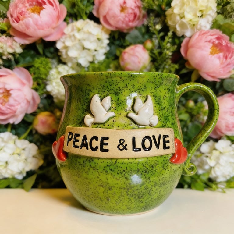 Grøn keramikkrus med teksten "PEACE & LOVE" og to hvide duer, omgivet af pink og hvide blomster i baggrunden.