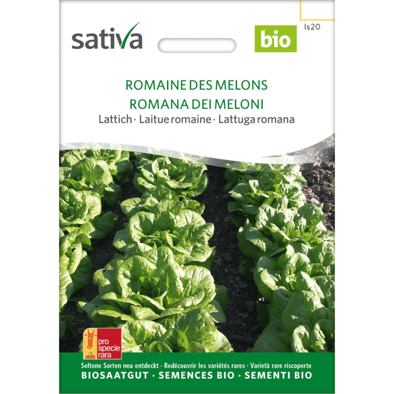 Frøpose til økologisk romainesalat "Romaine des Melons" fra Sativa med billede af grønne salathoveder på mark.