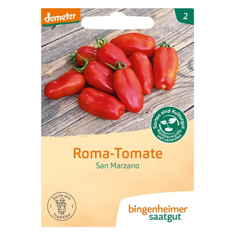 Frøpakke til dyrkning af Roma-Tomate San Marzano med billede af røde roma-tomater på træbord.