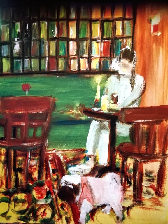 Hund og hun på cafe Intime, frederiksberg, 30x40