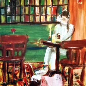 Hund og hun på cafe Intime, frederiksberg, 30x40 – produktbillede