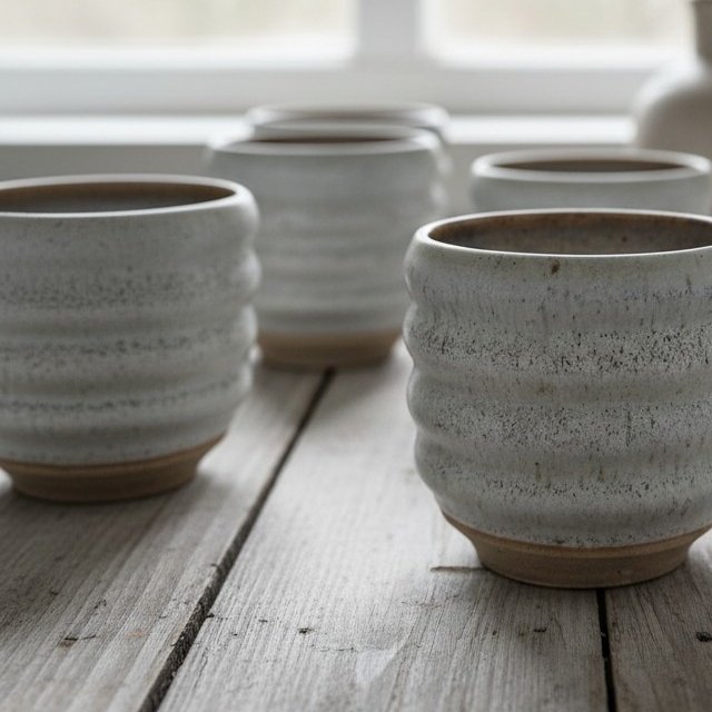 Fire keramikkrus med et rustikt, gråt design står på et træbord med naturligt lys fra et vindue i baggrunden.